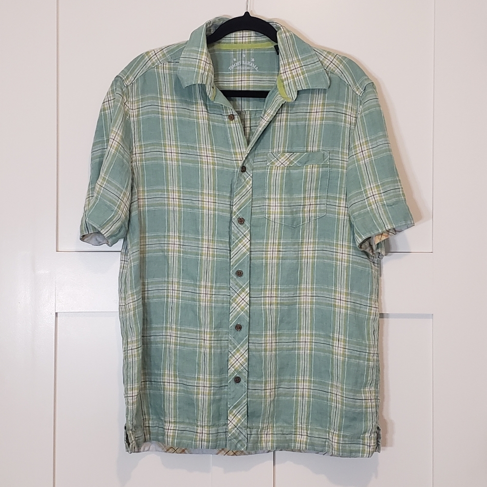 Tommy Bahama Linen 100% Shirt Plaid Button Up Short Sleeve Size Medium Green - Picture 1 of 14
